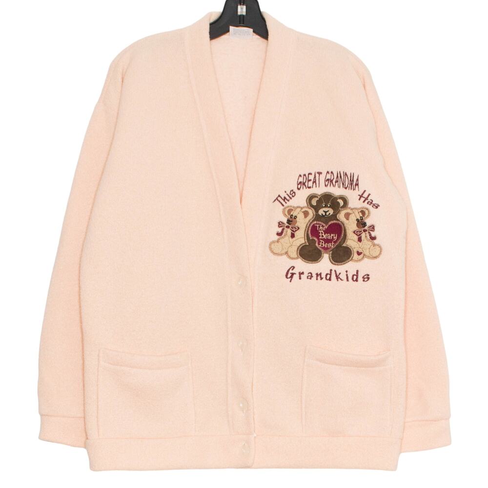 Cardigan Sweater Great Grandma Embroidered Teddy Oversized Cottage USA Large
